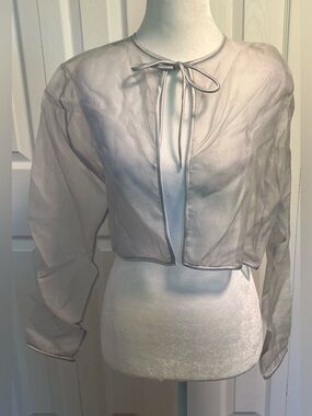 Vintage Kathlin Argiro Sheer Tie-Front Bolero Shrug in Light Grayish/Blue